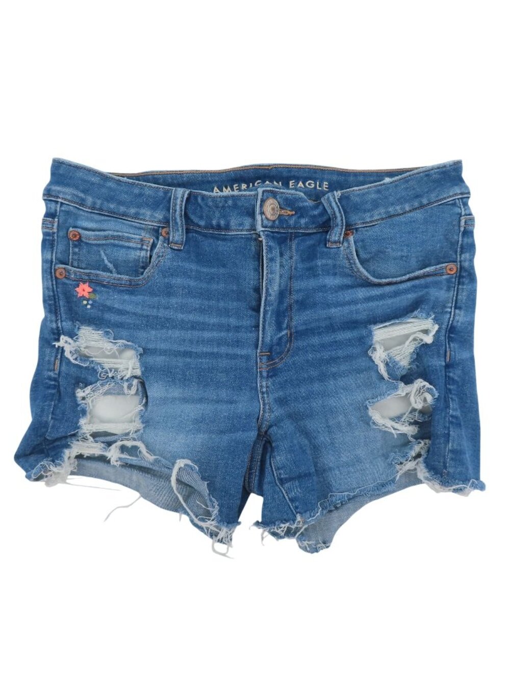 American Eagle Women 8 Midi Blue Jean Denim Shorts Embroidered Flower Distressed